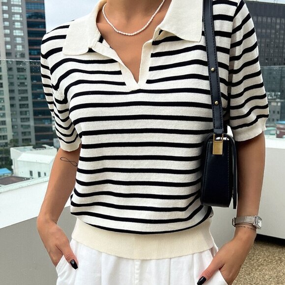 Black and White Casual Women's Striped Pattern Knit Top - Picture 3 of 8